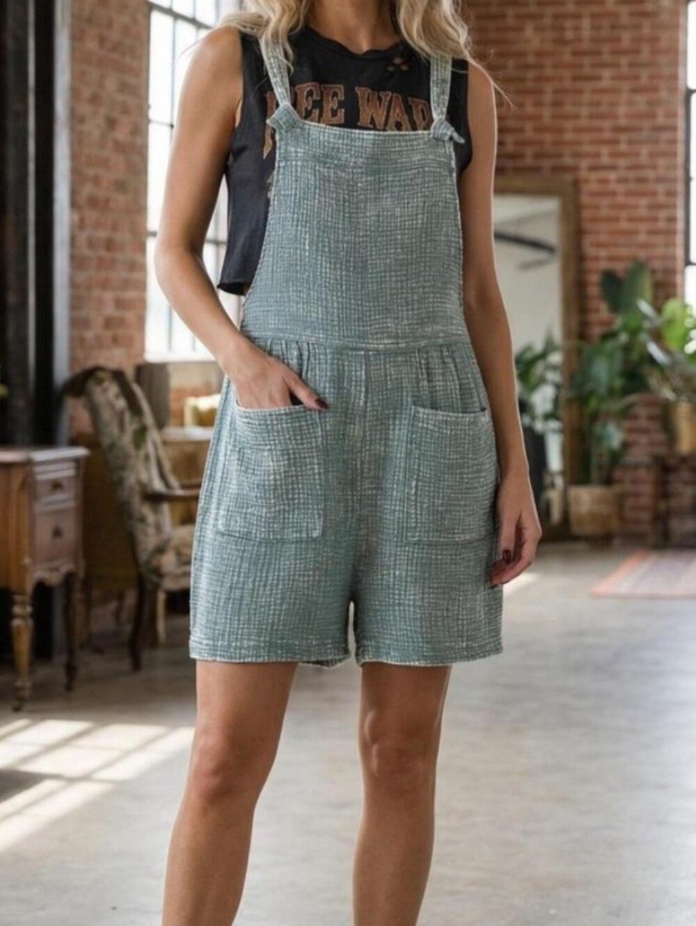Zenana Women's Cotton Double Gauze Acid Wash Romper Blue Grey - Size Small